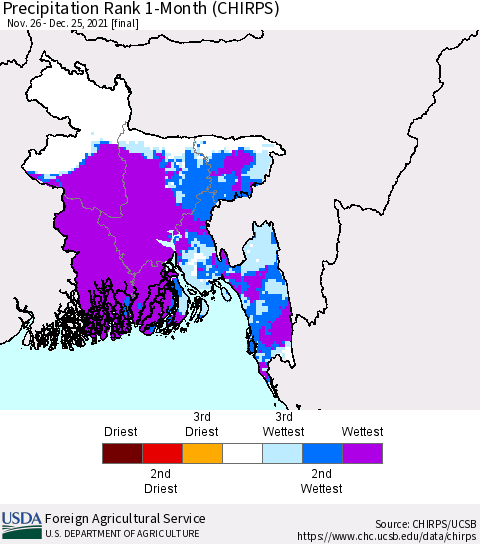 Bangladesh Precipitation Rank since 1981, 1-Month (CHIRPS) Thematic Map For 11/26/2021 - 12/25/2021