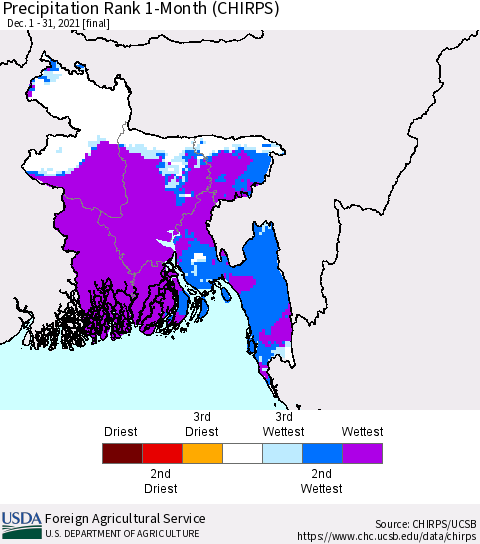 Bangladesh Precipitation Rank since 1981, 1-Month (CHIRPS) Thematic Map For 12/1/2021 - 12/31/2021