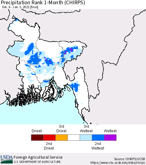 Bangladesh Precipitation Rank since 1981, 1-Month (CHIRPS) Thematic Map For 12/6/2021 - 1/5/2022