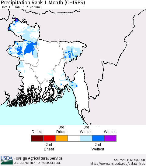 Bangladesh Precipitation Rank since 1981, 1-Month (CHIRPS) Thematic Map For 12/16/2021 - 1/15/2022