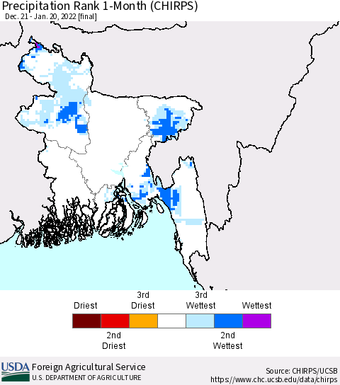 Bangladesh Precipitation Rank since 1981, 1-Month (CHIRPS) Thematic Map For 12/21/2021 - 1/20/2022