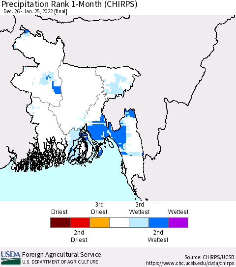 Bangladesh Precipitation Rank since 1981, 1-Month (CHIRPS) Thematic Map For 12/26/2021 - 1/25/2022