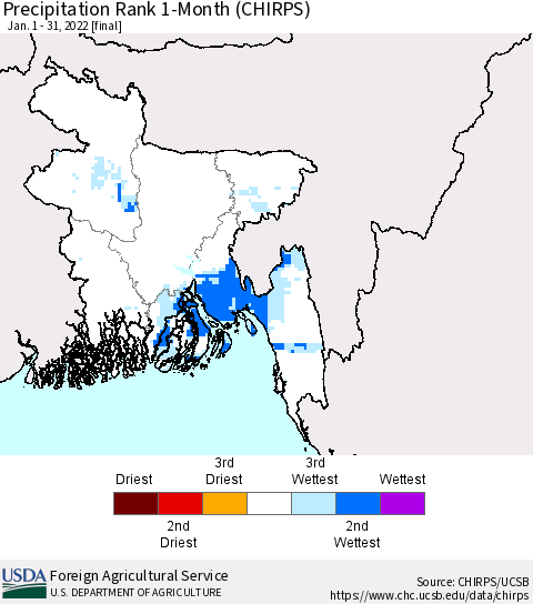 Bangladesh Precipitation Rank since 1981, 1-Month (CHIRPS) Thematic Map For 1/1/2022 - 1/31/2022