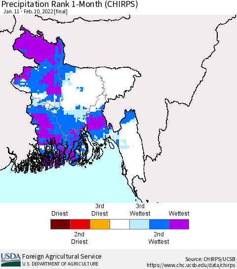 Bangladesh Precipitation Rank since 1981, 1-Month (CHIRPS) Thematic Map For 1/11/2022 - 2/10/2022