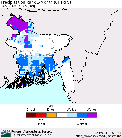 Bangladesh Precipitation Rank since 1981, 1-Month (CHIRPS) Thematic Map For 1/16/2022 - 2/15/2022