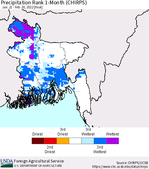 Bangladesh Precipitation Rank since 1981, 1-Month (CHIRPS) Thematic Map For 1/21/2022 - 2/20/2022