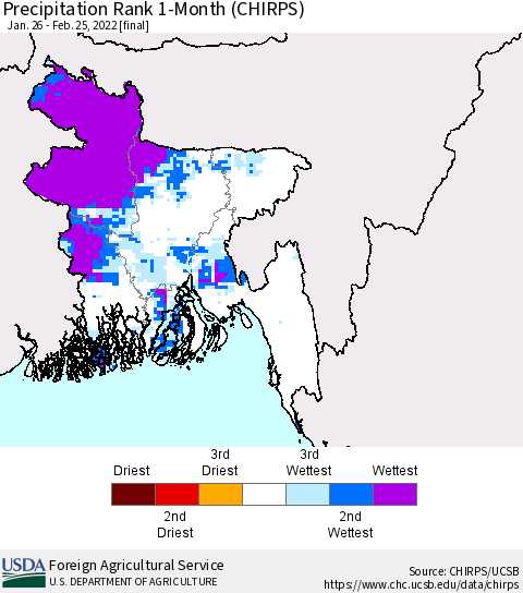 Bangladesh Precipitation Rank since 1981, 1-Month (CHIRPS) Thematic Map For 1/26/2022 - 2/25/2022