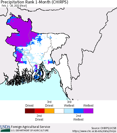 Bangladesh Precipitation Rank since 1981, 1-Month (CHIRPS) Thematic Map For 2/1/2022 - 2/28/2022