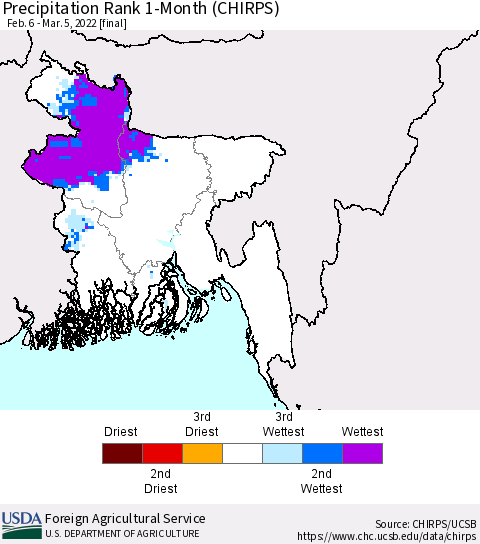 Bangladesh Precipitation Rank since 1981, 1-Month (CHIRPS) Thematic Map For 2/6/2022 - 3/5/2022