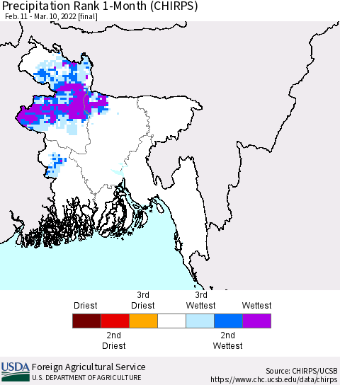 Bangladesh Precipitation Rank since 1981, 1-Month (CHIRPS) Thematic Map For 2/11/2022 - 3/10/2022