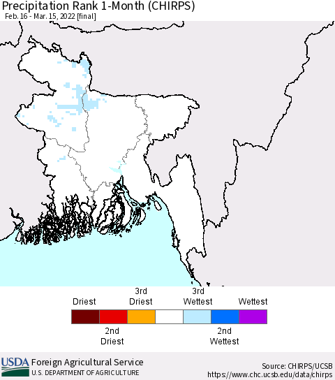 Bangladesh Precipitation Rank since 1981, 1-Month (CHIRPS) Thematic Map For 2/16/2022 - 3/15/2022