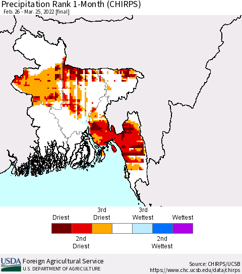 Bangladesh Precipitation Rank since 1981, 1-Month (CHIRPS) Thematic Map For 2/26/2022 - 3/25/2022