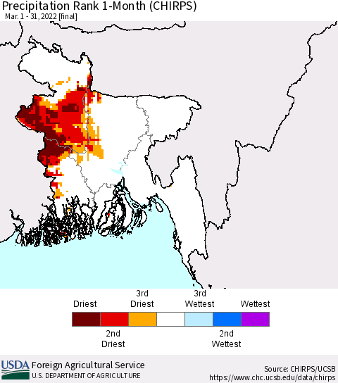 Bangladesh Precipitation Rank since 1981, 1-Month (CHIRPS) Thematic Map For 3/1/2022 - 3/31/2022