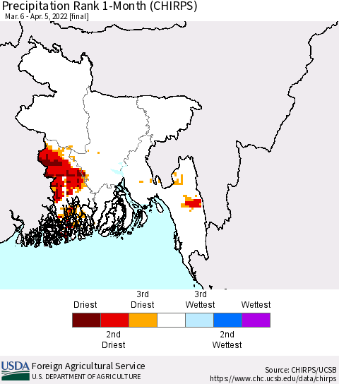 Bangladesh Precipitation Rank since 1981, 1-Month (CHIRPS) Thematic Map For 3/6/2022 - 4/5/2022