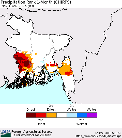 Bangladesh Precipitation Rank since 1981, 1-Month (CHIRPS) Thematic Map For 3/11/2022 - 4/10/2022