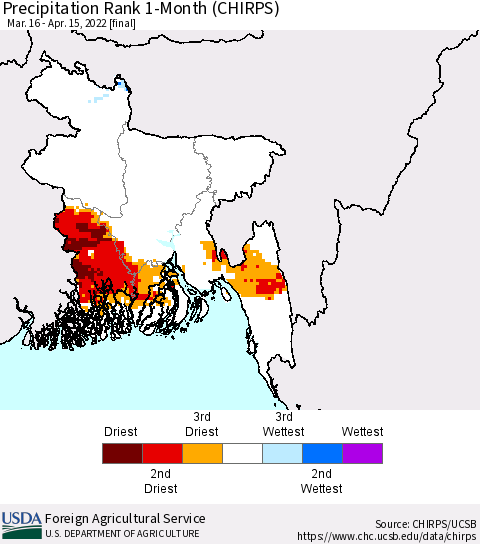 Bangladesh Precipitation Rank since 1981, 1-Month (CHIRPS) Thematic Map For 3/16/2022 - 4/15/2022