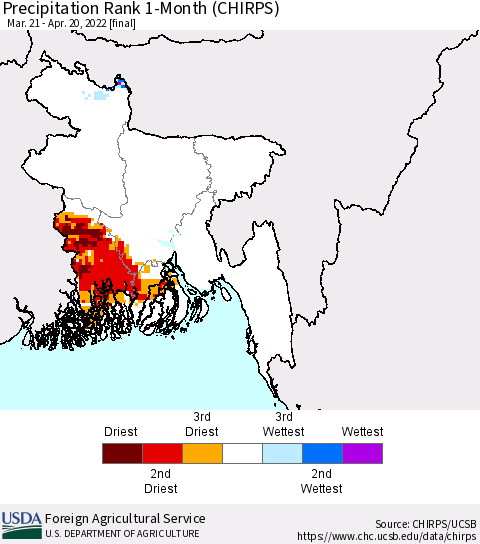Bangladesh Precipitation Rank since 1981, 1-Month (CHIRPS) Thematic Map For 3/21/2022 - 4/20/2022