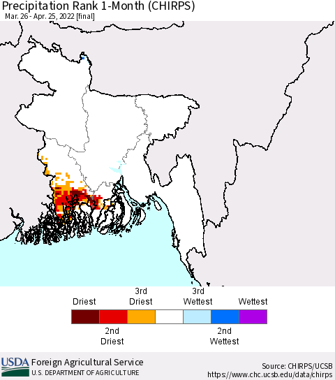 Bangladesh Precipitation Rank since 1981, 1-Month (CHIRPS) Thematic Map For 3/26/2022 - 4/25/2022