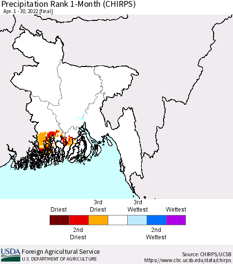 Bangladesh Precipitation Rank since 1981, 1-Month (CHIRPS) Thematic Map For 4/1/2022 - 4/30/2022