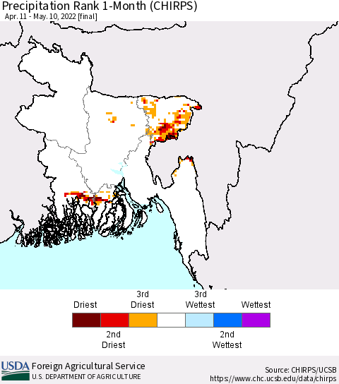 Bangladesh Precipitation Rank since 1981, 1-Month (CHIRPS) Thematic Map For 4/11/2022 - 5/10/2022