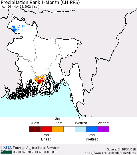 Bangladesh Precipitation Rank since 1981, 1-Month (CHIRPS) Thematic Map For 4/16/2022 - 5/15/2022