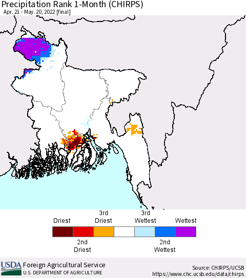 Bangladesh Precipitation Rank since 1981, 1-Month (CHIRPS) Thematic Map For 4/21/2022 - 5/20/2022