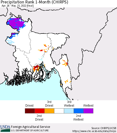 Bangladesh Precipitation Rank since 1981, 1-Month (CHIRPS) Thematic Map For 4/26/2022 - 5/25/2022