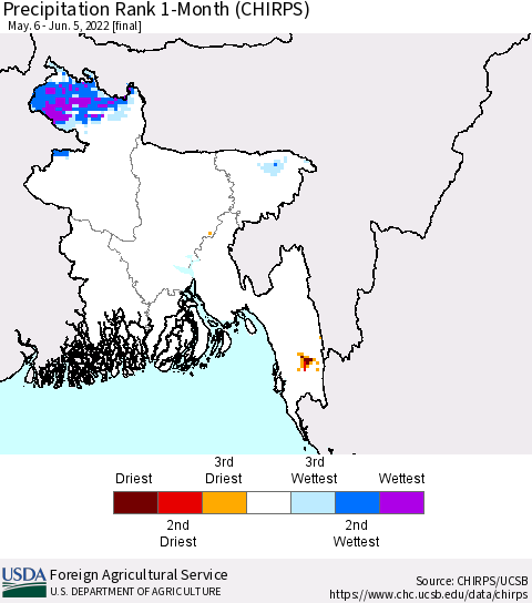 Bangladesh Precipitation Rank since 1981, 1-Month (CHIRPS) Thematic Map For 5/6/2022 - 6/5/2022