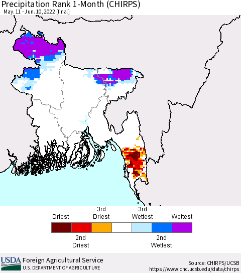 Bangladesh Precipitation Rank since 1981, 1-Month (CHIRPS) Thematic Map For 5/11/2022 - 6/10/2022