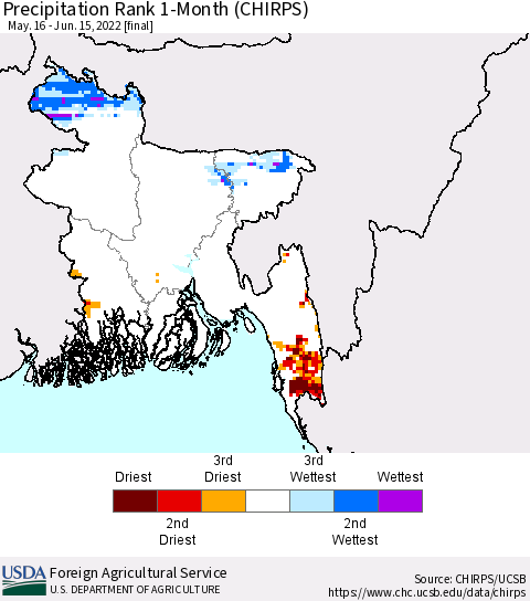 Bangladesh Precipitation Rank since 1981, 1-Month (CHIRPS) Thematic Map For 5/16/2022 - 6/15/2022