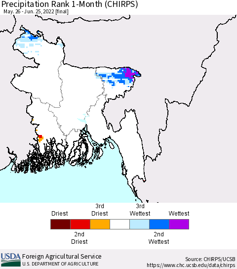 Bangladesh Precipitation Rank since 1981, 1-Month (CHIRPS) Thematic Map For 5/26/2022 - 6/25/2022