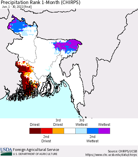 Bangladesh Precipitation Rank since 1981, 1-Month (CHIRPS) Thematic Map For 6/1/2022 - 6/30/2022