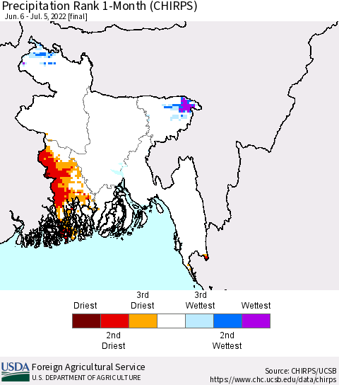 Bangladesh Precipitation Rank since 1981, 1-Month (CHIRPS) Thematic Map For 6/6/2022 - 7/5/2022