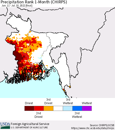 Bangladesh Precipitation Rank since 1981, 1-Month (CHIRPS) Thematic Map For 6/11/2022 - 7/10/2022
