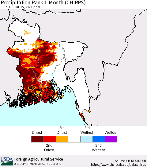 Bangladesh Precipitation Rank since 1981, 1-Month (CHIRPS) Thematic Map For 6/16/2022 - 7/15/2022