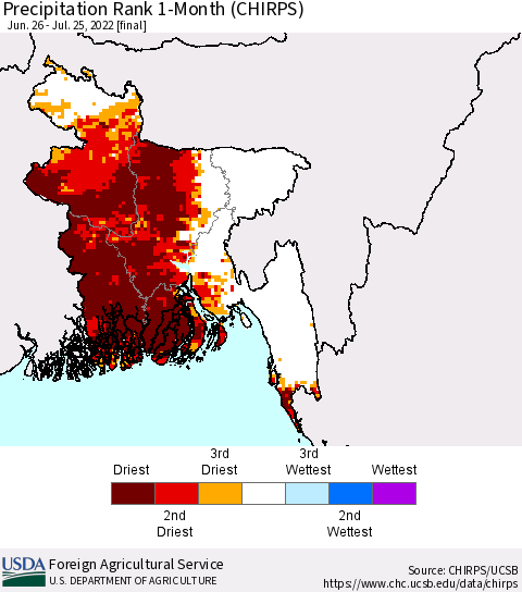 Bangladesh Precipitation Rank since 1981, 1-Month (CHIRPS) Thematic Map For 6/26/2022 - 7/25/2022