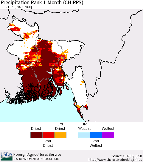Bangladesh Precipitation Rank since 1981, 1-Month (CHIRPS) Thematic Map For 7/1/2022 - 7/31/2022