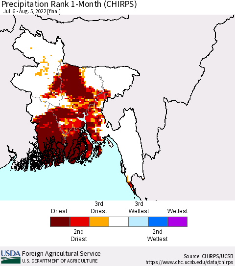 Bangladesh Precipitation Rank since 1981, 1-Month (CHIRPS) Thematic Map For 7/6/2022 - 8/5/2022