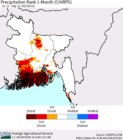 Bangladesh Precipitation Rank since 1981, 1-Month (CHIRPS) Thematic Map For 7/11/2022 - 8/10/2022