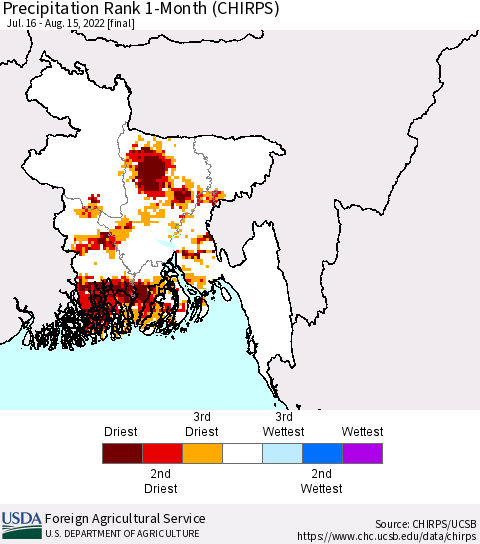 Bangladesh Precipitation Rank since 1981, 1-Month (CHIRPS) Thematic Map For 7/16/2022 - 8/15/2022