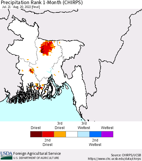 Bangladesh Precipitation Rank since 1981, 1-Month (CHIRPS) Thematic Map For 7/21/2022 - 8/20/2022