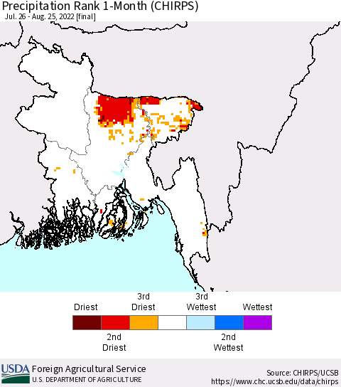 Bangladesh Precipitation Rank since 1981, 1-Month (CHIRPS) Thematic Map For 7/26/2022 - 8/25/2022