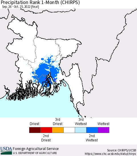 Bangladesh Precipitation Rank since 1981, 1-Month (CHIRPS) Thematic Map For 9/26/2022 - 10/25/2022