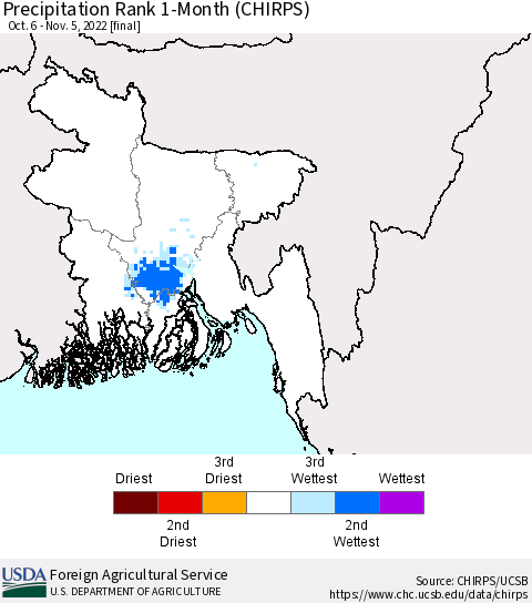 Bangladesh Precipitation Rank since 1981, 1-Month (CHIRPS) Thematic Map For 10/6/2022 - 11/5/2022