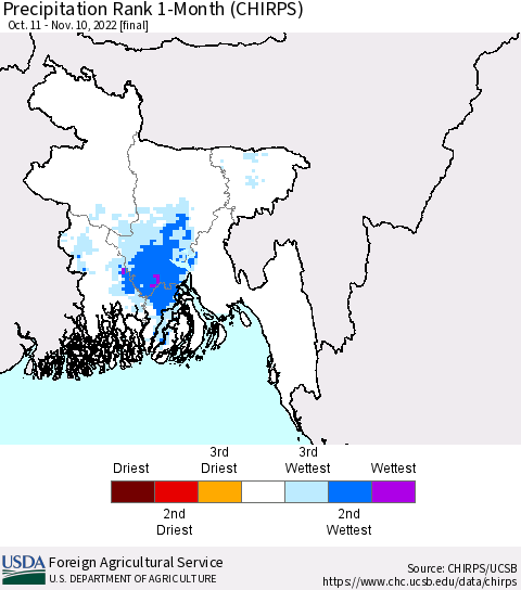 Bangladesh Precipitation Rank since 1981, 1-Month (CHIRPS) Thematic Map For 10/11/2022 - 11/10/2022