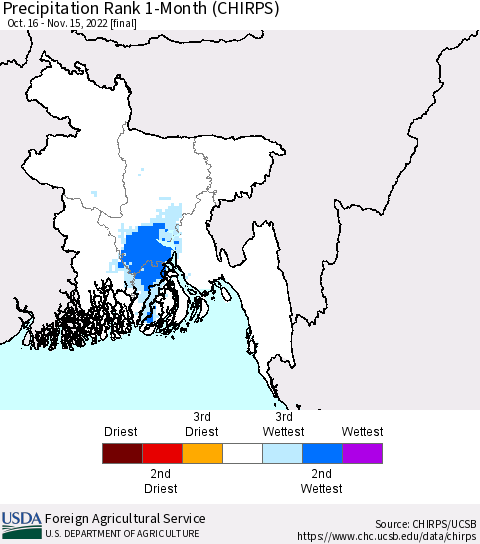 Bangladesh Precipitation Rank since 1981, 1-Month (CHIRPS) Thematic Map For 10/16/2022 - 11/15/2022