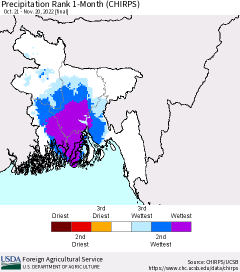 Bangladesh Precipitation Rank since 1981, 1-Month (CHIRPS) Thematic Map For 10/21/2022 - 11/20/2022