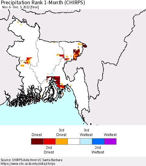 Bangladesh Precipitation Rank since 1981, 1-Month (CHIRPS) Thematic Map For 11/6/2022 - 12/5/2022