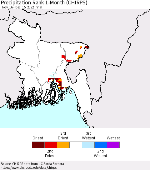 Bangladesh Precipitation Rank since 1981, 1-Month (CHIRPS) Thematic Map For 11/16/2022 - 12/15/2022