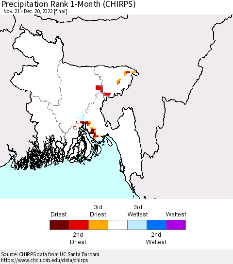 Bangladesh Precipitation Rank since 1981, 1-Month (CHIRPS) Thematic Map For 11/21/2022 - 12/20/2022